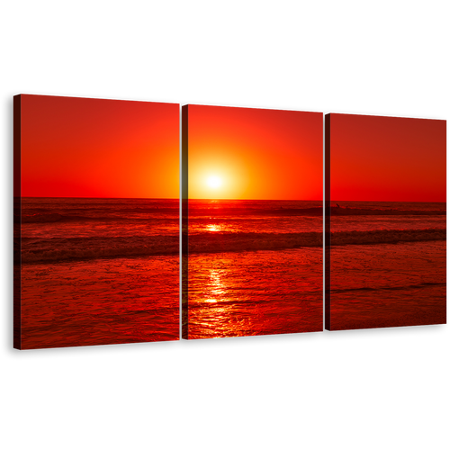 Ocean Waves Canvas Wall Art, Yellow Sunset Pacific Ocean 3 Piece Canvas Set, Red Ocean Canvas Print