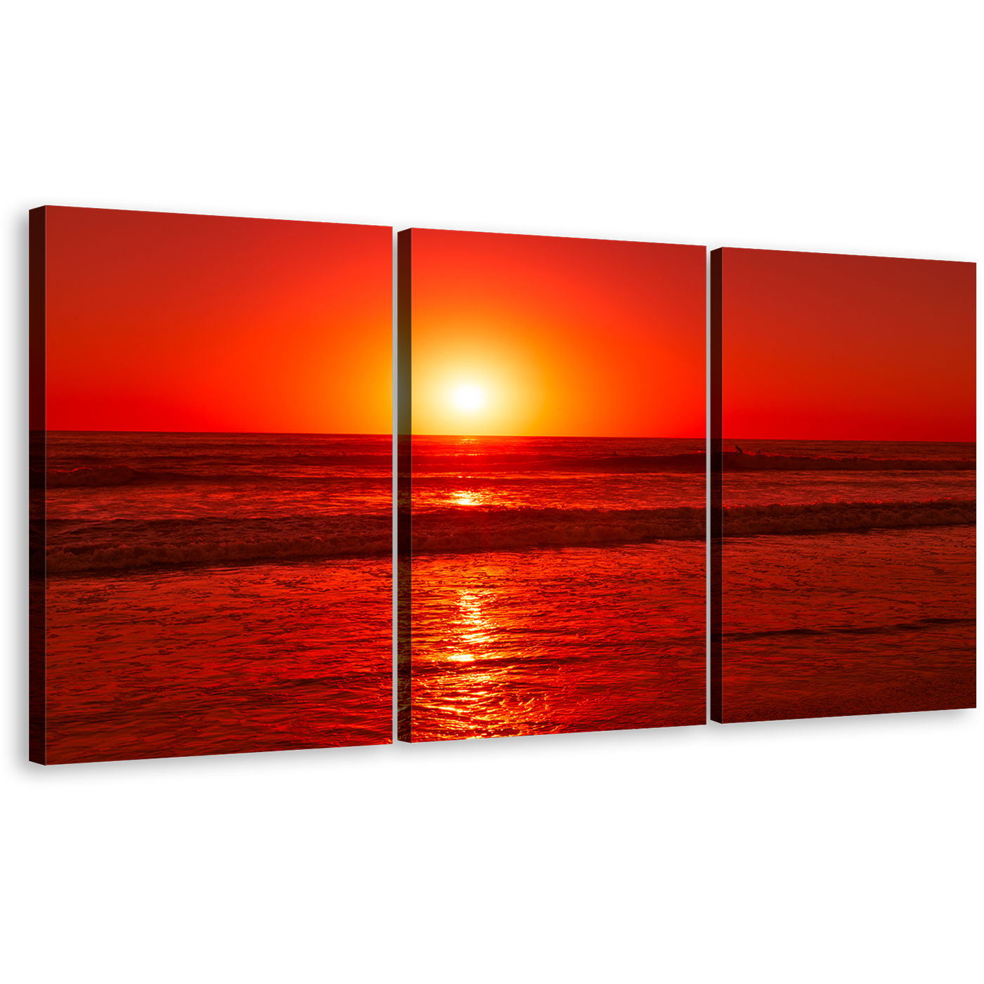 Ocean Waves Canvas Wall Art, Yellow Sunset Pacific Ocean 3 Piece Canvas Set, Red Ocean Canvas Print