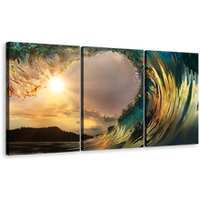 Load image into Gallery viewer, Ocean Waves Wall Art, Amazing Green Beach Canvas Print, Yellow Cloudy Sunset Wave Break Triptych Canvas Set
