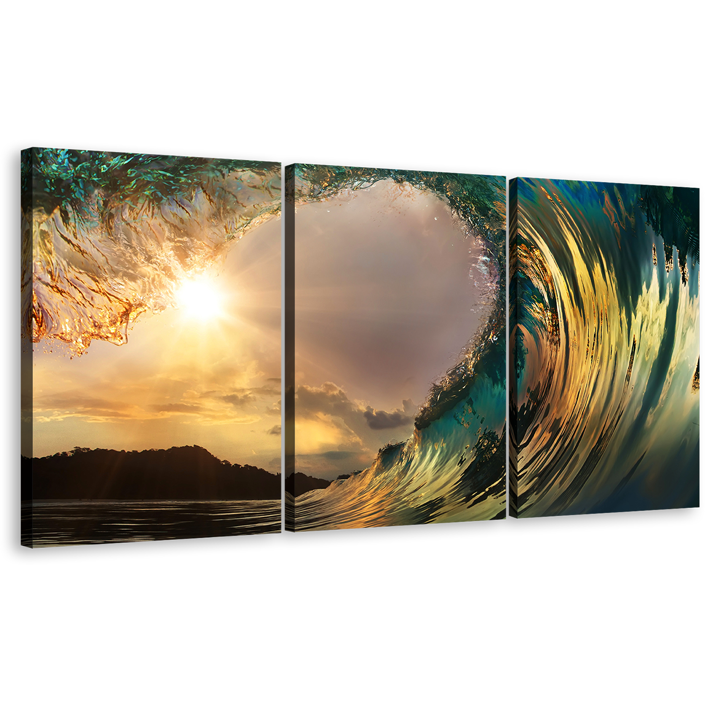 Ocean Waves Wall Art, Amazing Green Beach Canvas Print, Yellow Cloudy Sunset Wave Break Triptych Canvas Set