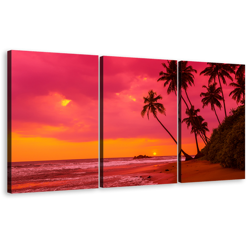 Ocean landscape Canvas Wall Art, Tropical Orange Sunset Ocean 3 Piece Canvas Set, Red Ocean Beach Canvas Print