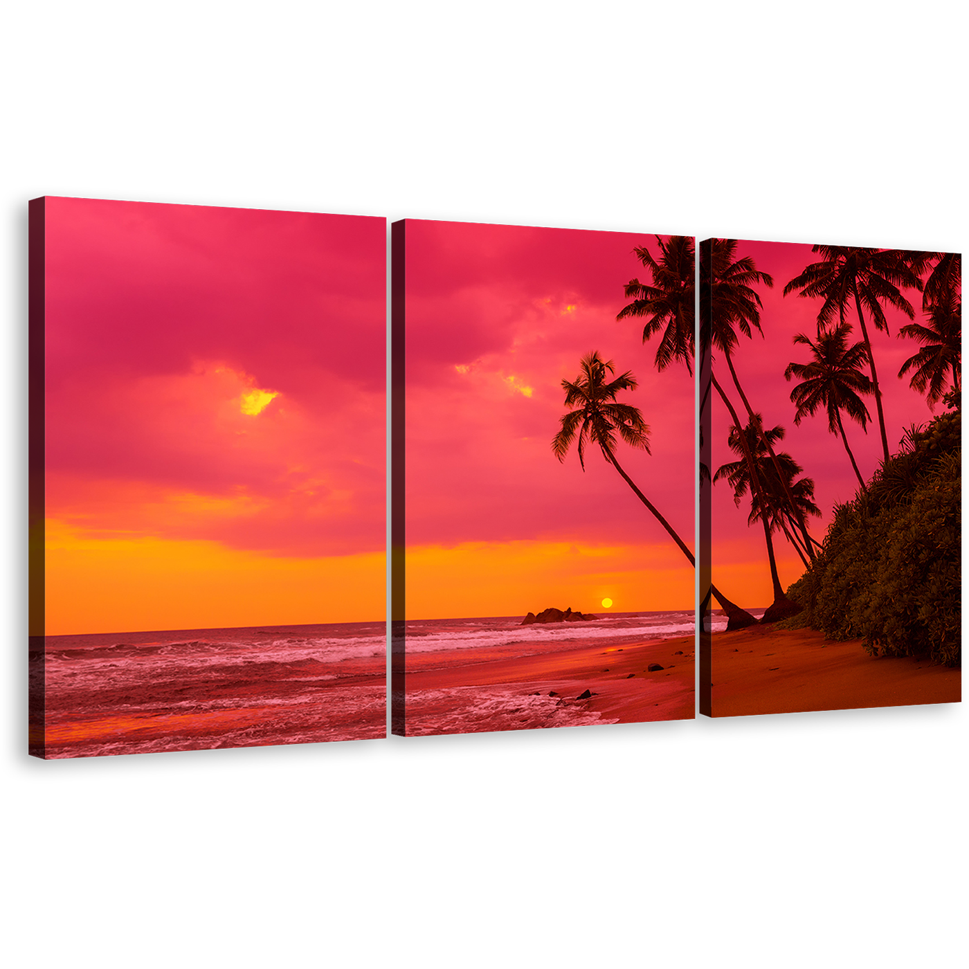 Ocean landscape Canvas Wall Art, Tropical Orange Sunset Ocean 3 Piece Canvas Set, Red Ocean Beach Canvas Print