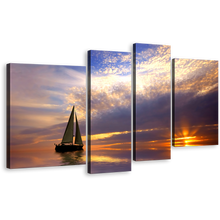 Load image into Gallery viewer, Oceanic Dreamscape Wall Art, Blue Orange Ocean Boat 4 Piece Multiple Canvas, Sailboat Serenity Canvas Print
