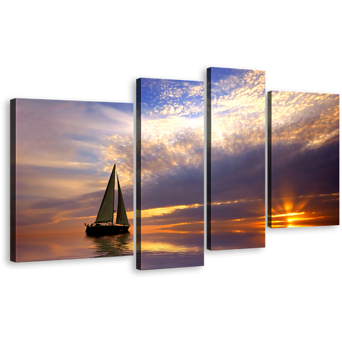 Oceanic Dreamscape Wall Art, Blue Orange Ocean Boat 4 Piece Multiple Canvas, Sailboat Serenity Canvas Print