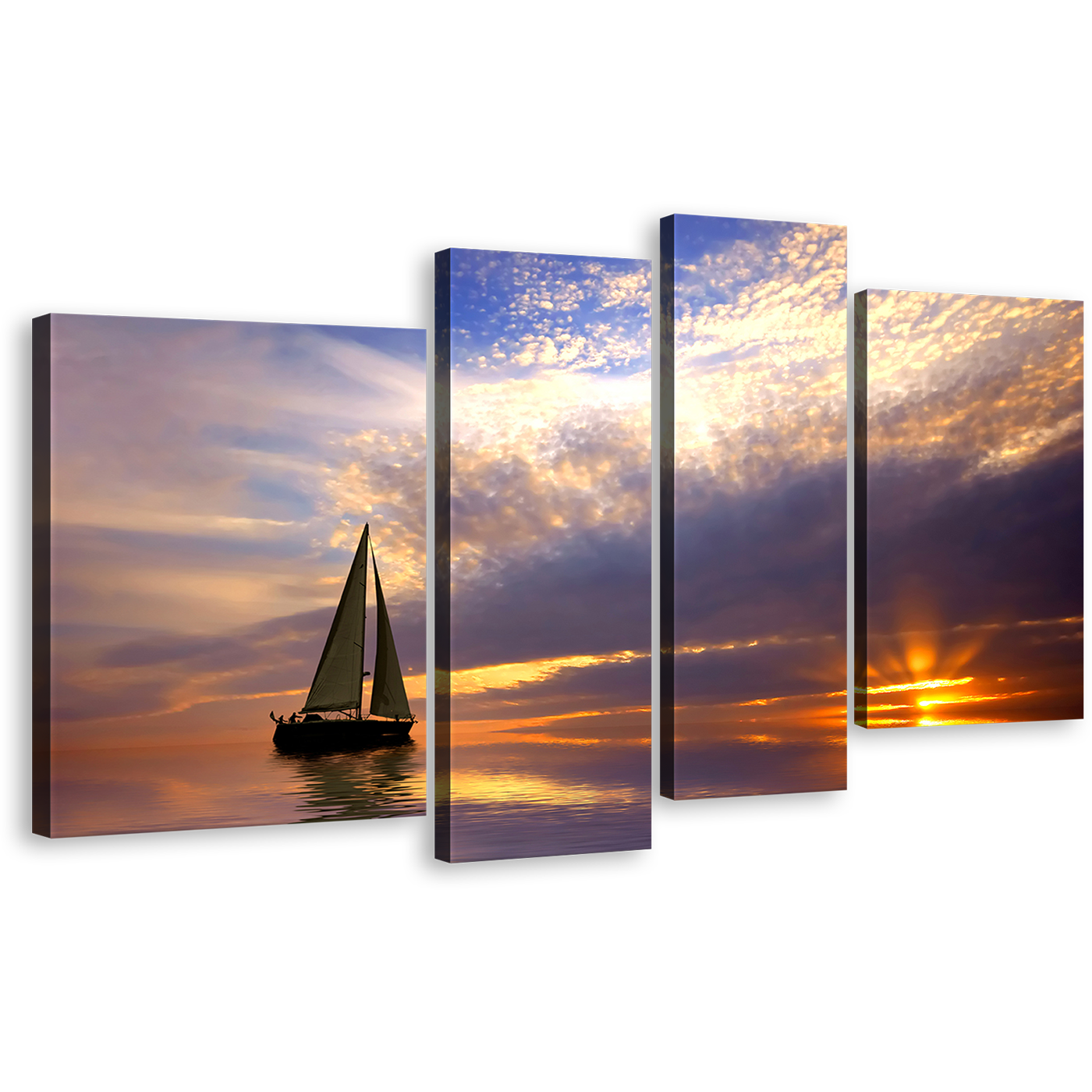 Oceanic Dreamscape Wall Art, Blue Orange Ocean Boat 4 Piece Multiple Canvas, Sailboat Serenity Canvas Print