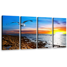 Load image into Gallery viewer, Oceanic Elegance Canvas Print, Bird Flight Blue Sky 4 Piece Multiple Canvas, Cloudy Orange Yellow Sunset Wall Art
