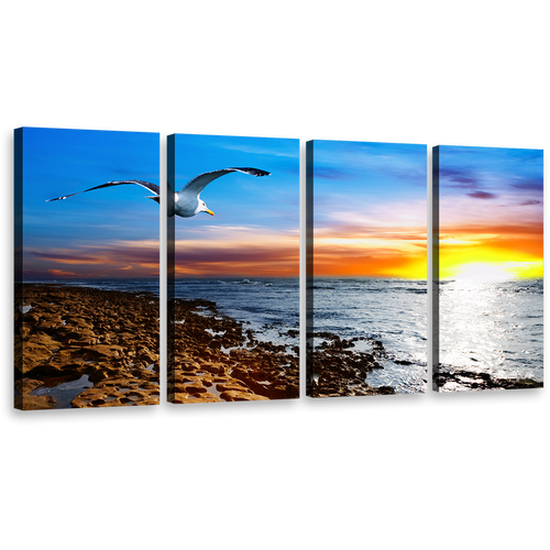 Oceanic Elegance Canvas Print, Bird Flight Blue Sky 4 Piece Multiple Canvas, Cloudy Orange Yellow Sunset Wall Art