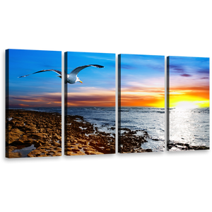 Oceanic Elegance Canvas Print, Bird Flight Blue Sky 4 Piece Multiple Canvas, Cloudy Orange Yellow Sunset Wall Art
