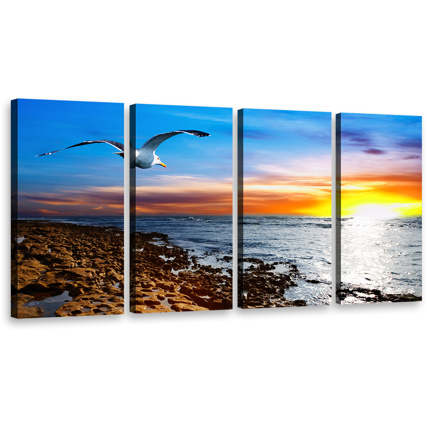 Oceanic Elegance Canvas Print, Bird Flight Blue Sky 4 Piece Multiple Canvas, Cloudy Orange Yellow Sunset Wall Art