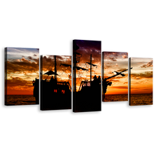 Load image into Gallery viewer, Oceanic Sunset Canvas Print, Orange Sky Sea Wall Art, Dramatic Black Boat Ship 5 Piece Multi Canvas
