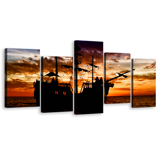 Oceanic Sunset Canvas Print, Orange Sky Sea Wall Art, Dramatic Black Boat Ship 5 Piece Multi Canvas