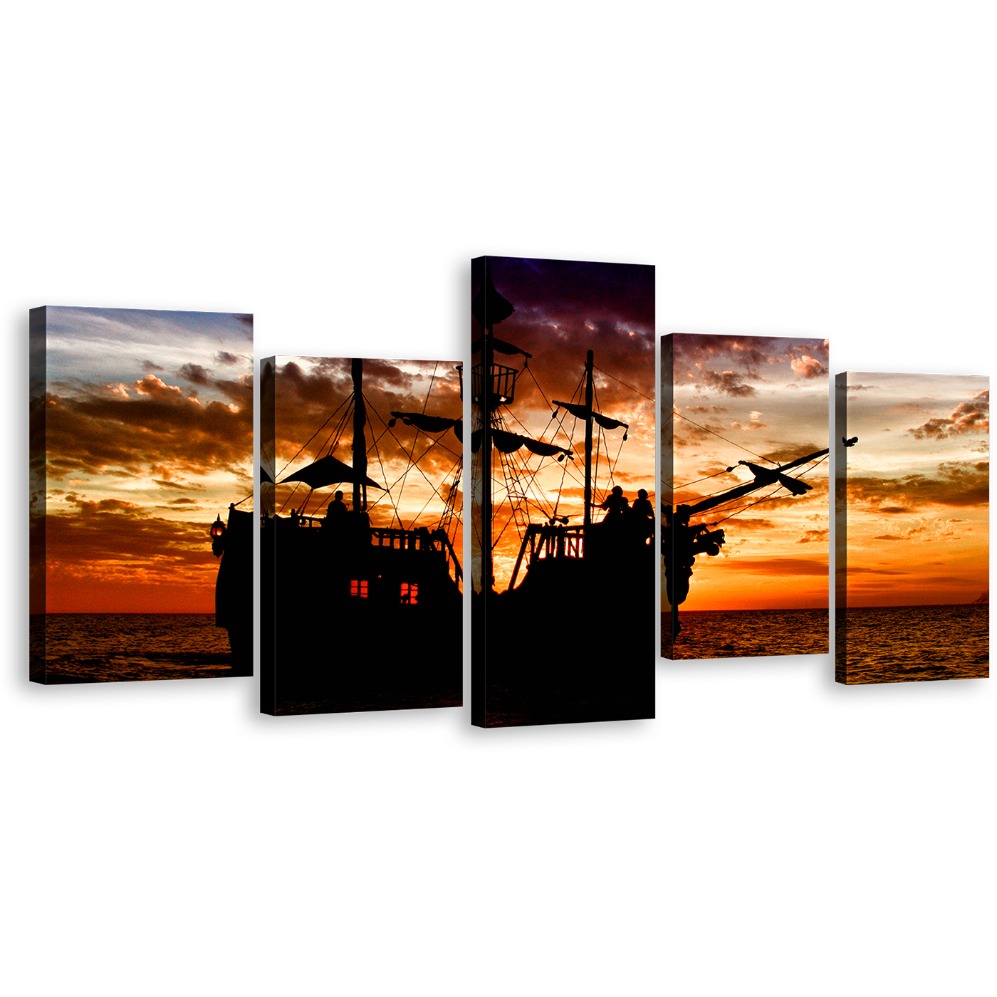 Oceanic Sunset Canvas Print, Orange Sky Sea Wall Art, Dramatic Black Boat Ship 5 Piece Multi Canvas