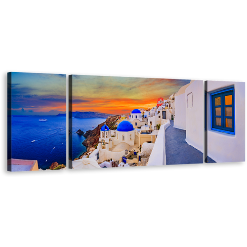 Oia Village Wall Art, Greece City White Houses Canvas Print, Blue Santorini Island Aegean Sea 3 Piece Canvas Set