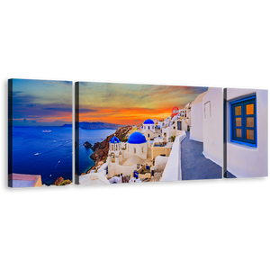 Oia Village Wall Art, Greece City White Houses Canvas Print, Blue Santorini Island Aegean Sea 3 Piece Canvas Set