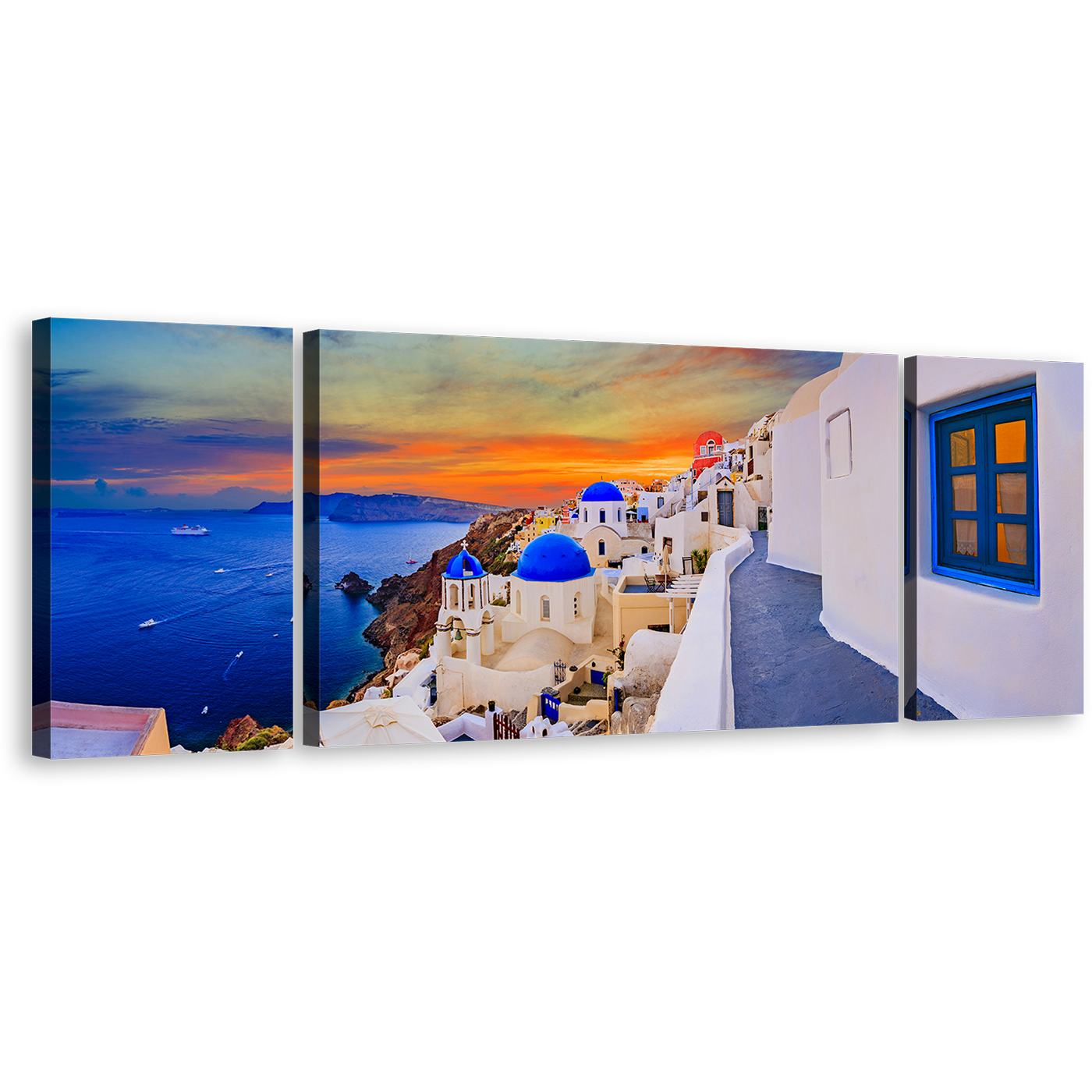 Oia Village Wall Art, Greece City White Houses Canvas Print, Blue Santorini Island Aegean Sea 3 Piece Canvas Set