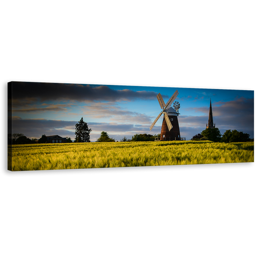 Old Windmill Canvas Print, Cloudy Blue Sky Panoramic Canvas Art, Green Field Windmill Scenery Wall Art