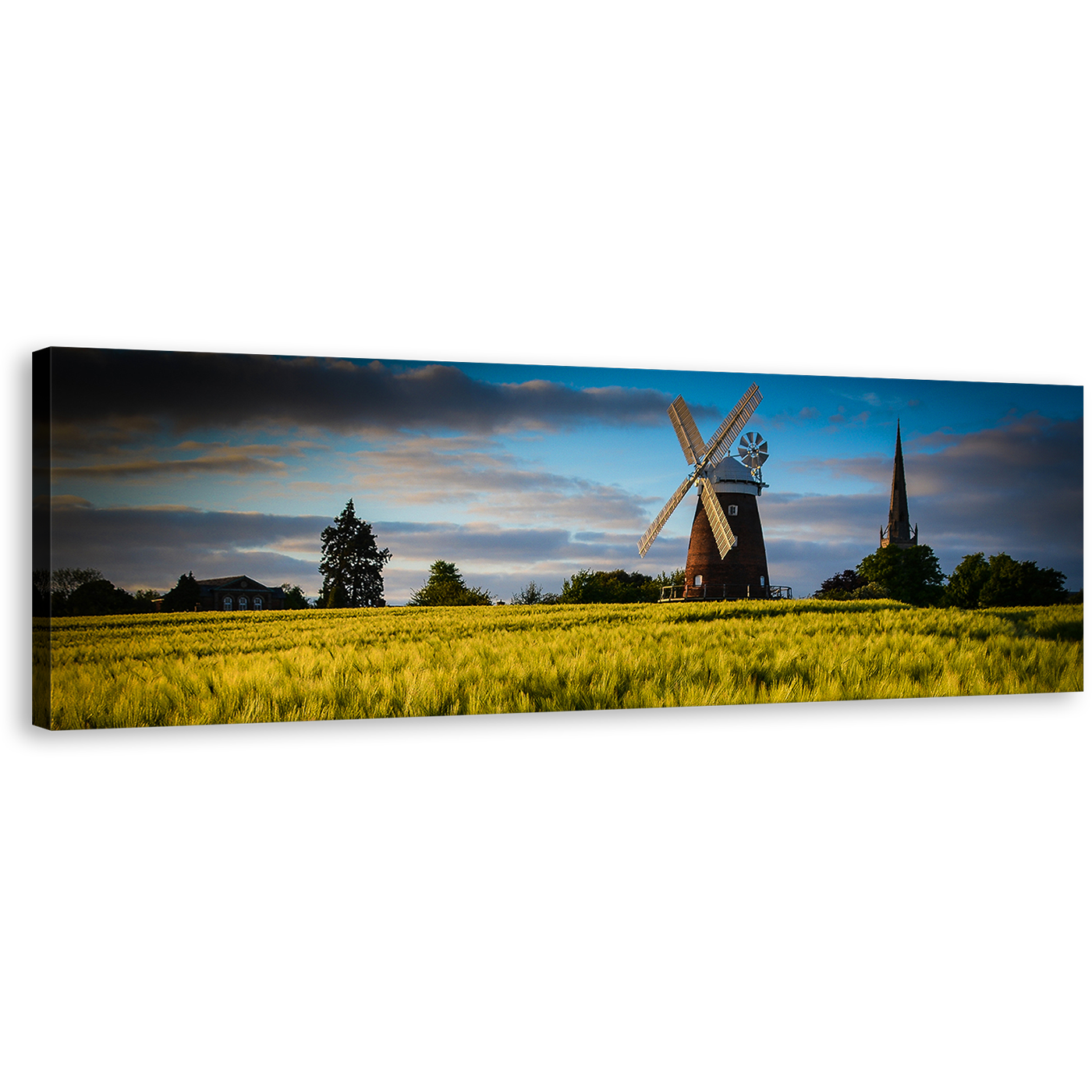 Old Windmill Canvas Print, Cloudy Blue Sky Panoramic Canvas Art, Green Field Windmill Scenery Wall Art