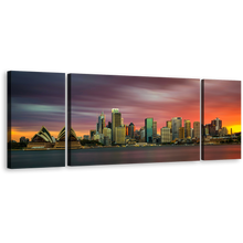 Load image into Gallery viewer, Opera House Serenade Canvas Print, Orange Sunset City Skyline 3 Piece Multi Canvas, Beautiful Sydney Green Cityscape Wall Art
