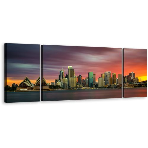 Opera House Serenade Canvas Print, Orange Sunset City Skyline 3 Piece Multi Canvas, Beautiful Sydney Green Cityscape Wall Art