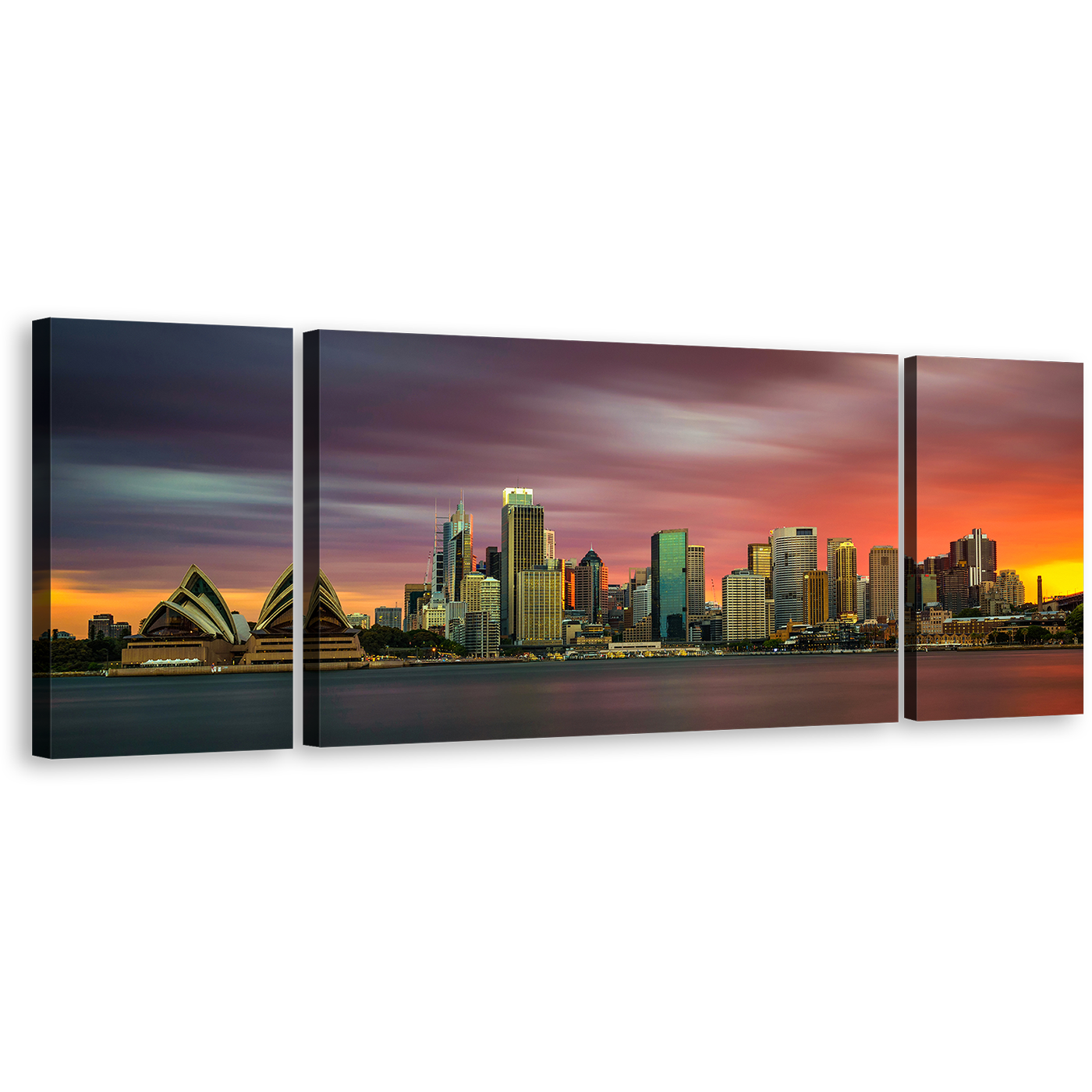 Opera House Serenade Canvas Print, Orange Sunset City Skyline 3 Piece Multi Canvas, Beautiful Sydney Green Cityscape Wall Art