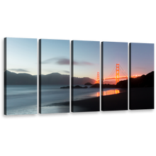 Load image into Gallery viewer, Orange Bridge Canvas Wall Art, Amazing Grey Dusk 5 Piece Multi Canvas, Gold Gate San Francisco City Bridge Canvas Print
