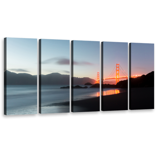 Orange Bridge Canvas Wall Art, Amazing Grey Dusk 5 Piece Multi Canvas, Gold Gate San Francisco City Bridge Canvas Print