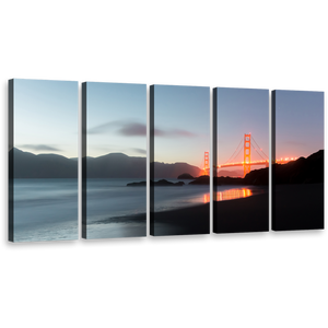 Orange Bridge Canvas Wall Art, Amazing Grey Dusk 5 Piece Multi Canvas, Gold Gate San Francisco City Bridge Canvas Print