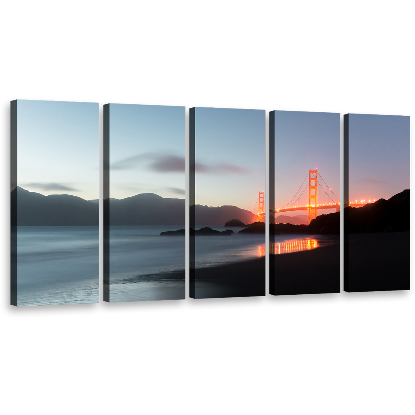 Orange Bridge Canvas Wall Art, Amazing Grey Dusk 5 Piece Multi Canvas, Gold Gate San Francisco City Bridge Canvas Print