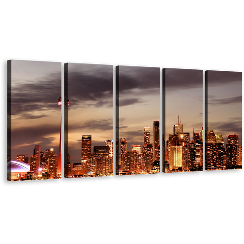 Orange City Canvas Wall Art, Beautiful Ontario Grey Sunset 5 Piece Canvas, Canada Toronto Skyline Canvas Print