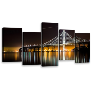 Orange City Canvas Wall Art, Black Dawn Lake 5 Piece Canvas Set, Majestic East Spain Bridge Reflection Canvas Print