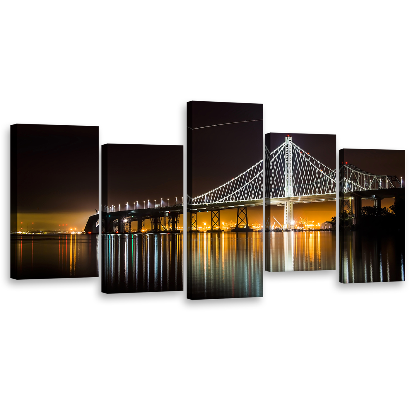 Orange City Canvas Wall Art, Black Dawn Lake 5 Piece Canvas Set, Majestic East Spain Bridge Reflection Canvas Print