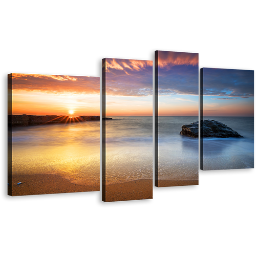 Orange Dawn Canvas Wall Art, Gold Sunrise Canvas Print, Grey Ocean Rocks Calm Sea 4 Piece Multi Canvas