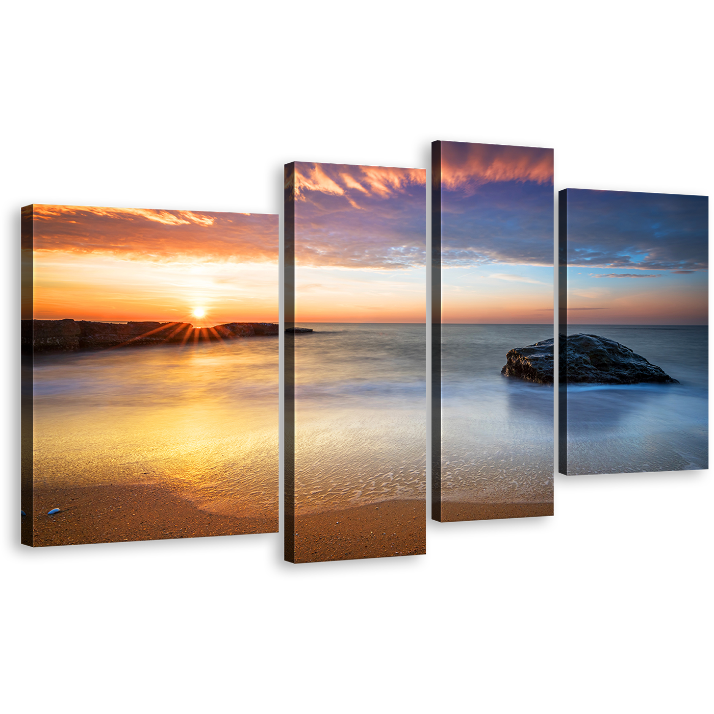 Orange Dawn Canvas Wall Art, Gold Sunrise Canvas Print, Grey Ocean Rocks Calm Sea 4 Piece Multi Canvas