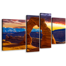 Load image into Gallery viewer, Orange Sky Canvas Wall Art, Arches National Park Brown Desert 4 Piece Canvas, Utah Desert Sunset Mountains Canvas Print
