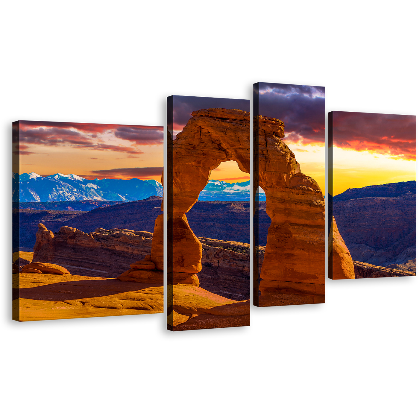 Orange Sky Canvas Wall Art, Arches National Park Brown Desert 4 Piece Canvas, Utah Desert Sunset Mountains Canvas Print