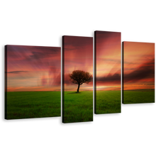 Load image into Gallery viewer, Orange Sky Canvas Wall Art, Beautiful Alone Tree 4 Piece Canvas Print, Red Dramatic Dawn Green Fields Canvas Set
