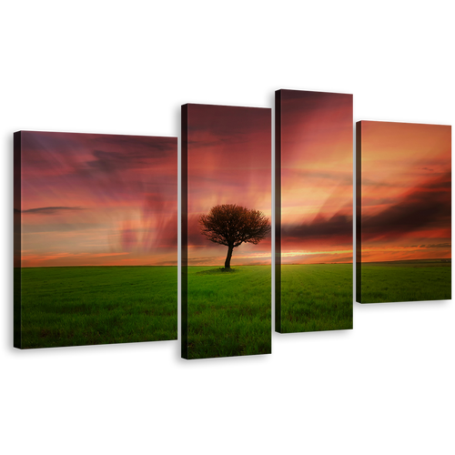 Orange Sky Canvas Wall Art, Beautiful Alone Tree 4 Piece Canvas Print, Red Dramatic Dawn Green Fields Canvas Set