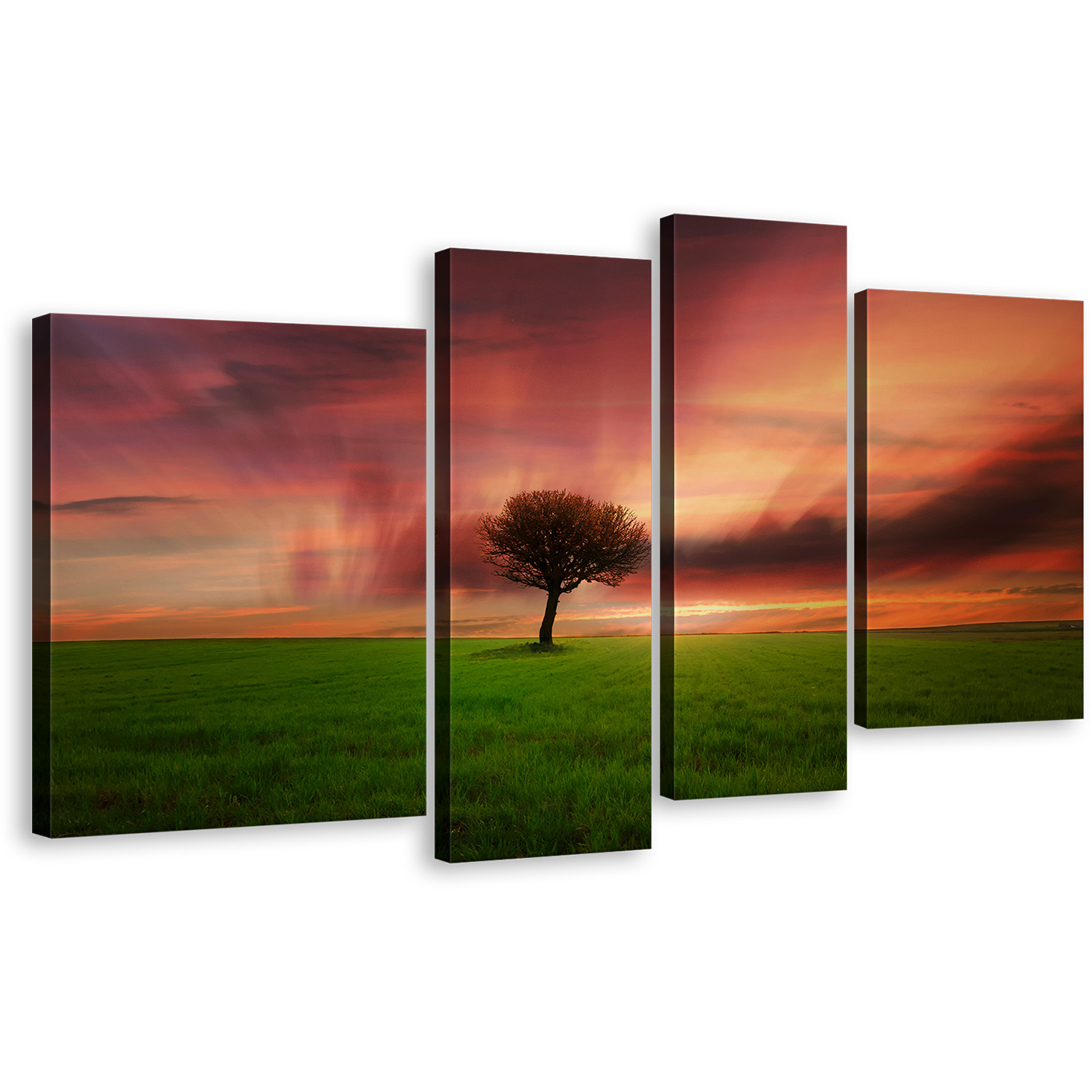 Orange Sky Canvas Wall Art, Beautiful Alone Tree 4 Piece Canvas Print, Red Dramatic Dawn Green Fields Canvas Set