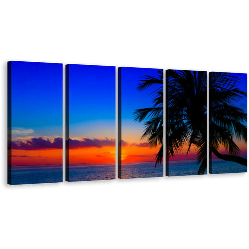 Orange Sunset Canvas Print, Blue Evening Ocean Multiple Canvas, Evening Indian Ocean Palm Trees Orange Sky 5 Piece Canvas