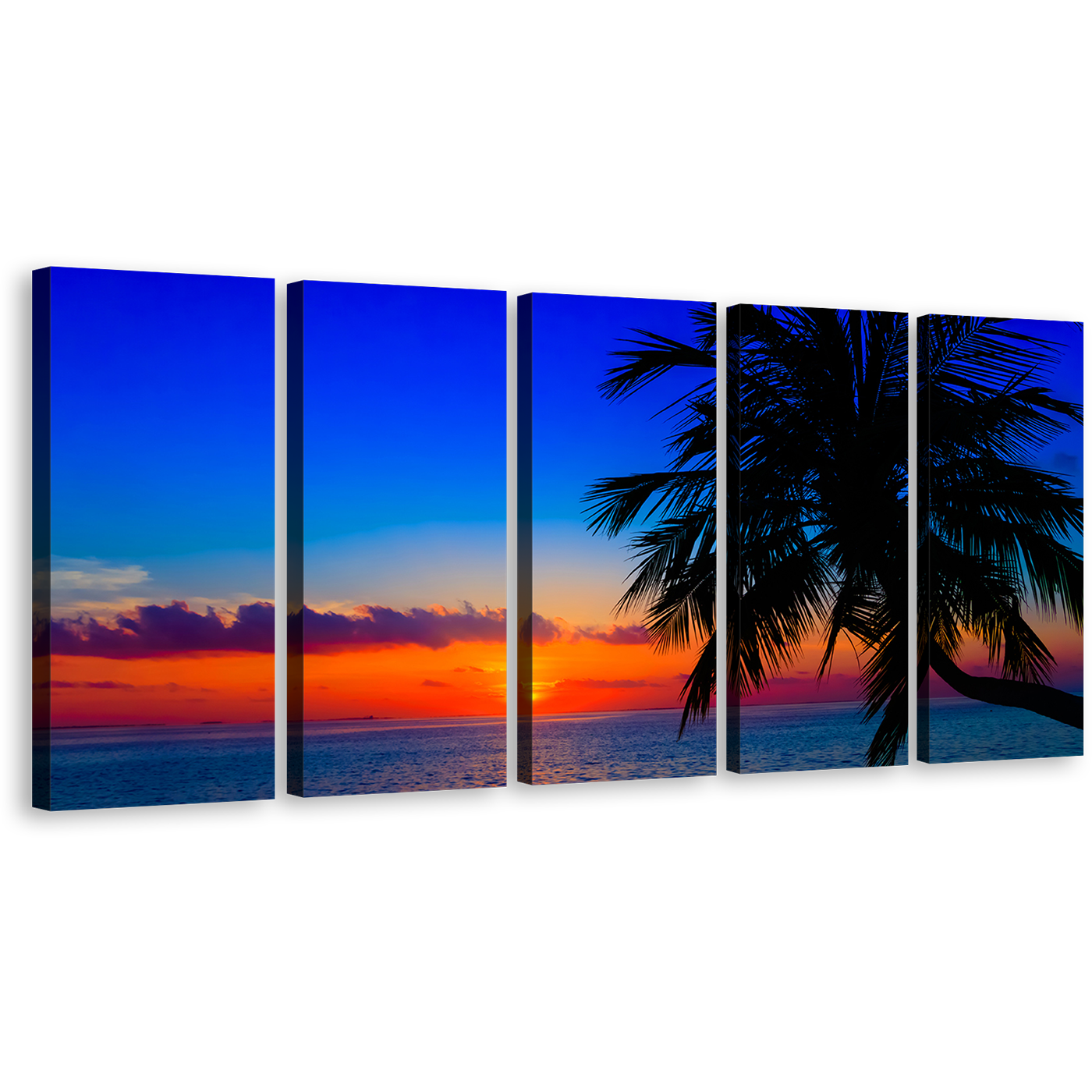 Orange Sunset Canvas Print, Blue Evening Ocean Multiple Canvas, Evening Indian Ocean Palm Trees Orange Sky 5 Piece Canvas