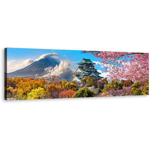 Osaka Castle Canvas Print, Fuji Mountain Background 1 Piece Canvas Wall Art, Japan Colorful Landscape Scenery Canvas Artwork