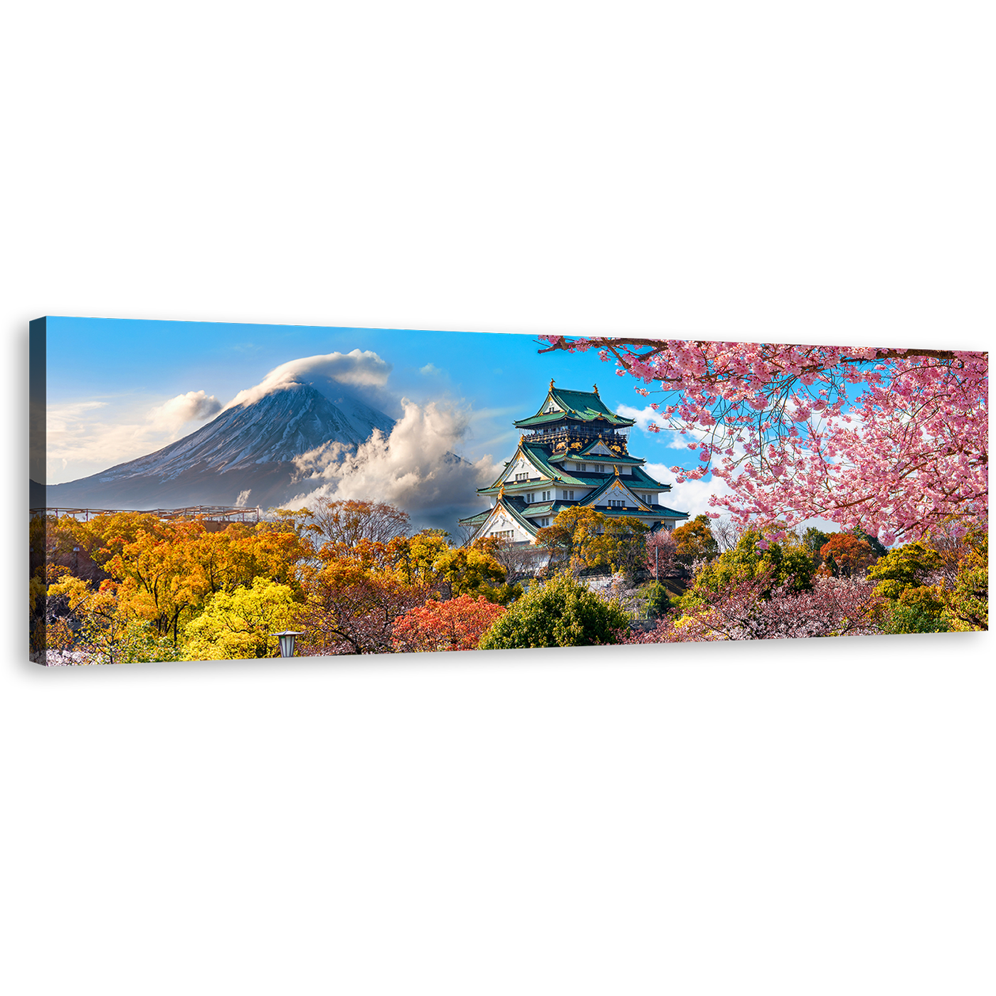 Osaka Castle Canvas Print, Fuji Mountain Background 1 Piece Canvas Wall Art, Japan Colorful Landscape Scenery Canvas Artwork