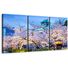 Load image into Gallery viewer, Osaka Japan Canvas Wall Art, Blue Sky Osaka Castle 3 Piece Canvas Print, Purple Blossom Trees Multi Panel Canvas
