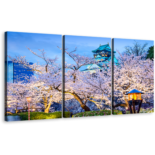 Osaka Japan Canvas Wall Art, Blue Sky Osaka Castle 3 Piece Canvas Print, Purple Blossom Trees Multi Panel Canvas