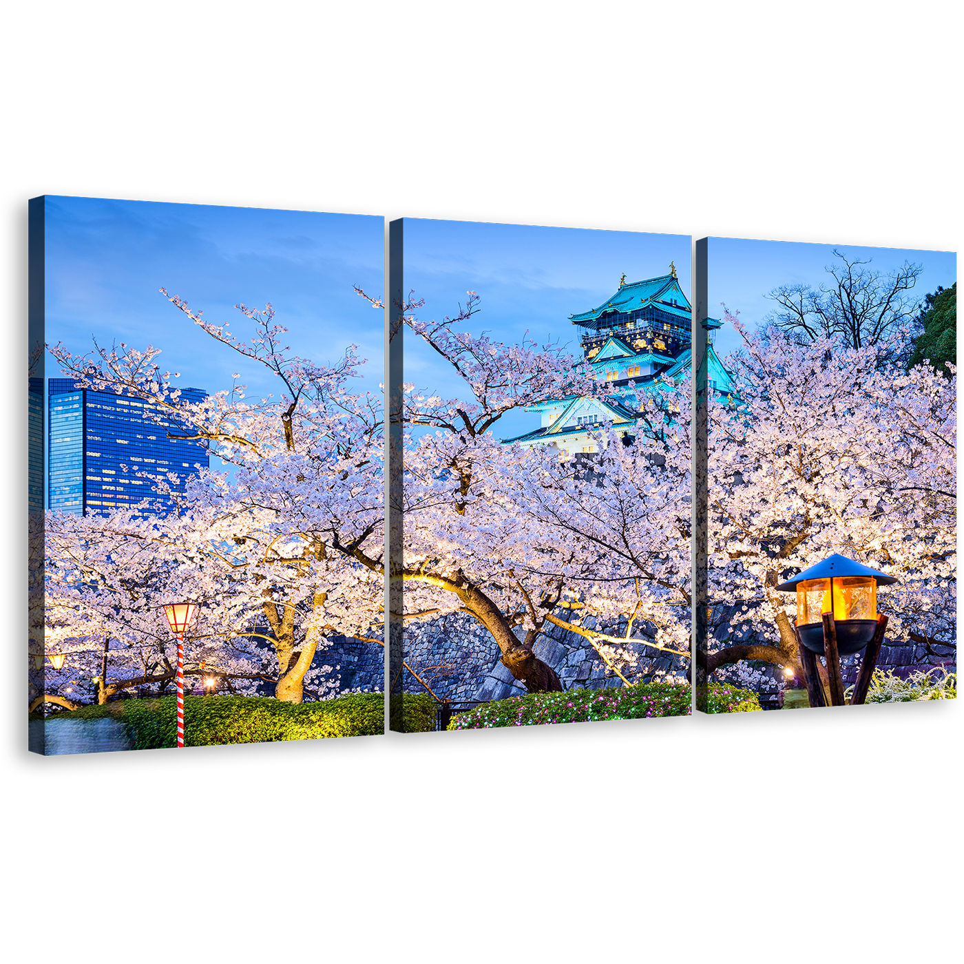 Osaka Japan Canvas Wall Art, Blue Sky Osaka Castle 3 Piece Canvas Print, Purple Blossom Trees Multi Panel Canvas