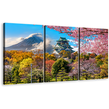 Load image into Gallery viewer, Osaka Landscape Canvas Wall Art, Japan Colorful Cherry Blossom Trees 3 Piece Canvas Print, Fuji Mountain Background Triptych Canvas Set
