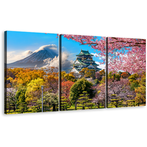 Osaka Landscape Canvas Wall Art, Japan Colorful Cherry Blossom Trees 3 Piece Canvas Print, Fuji Mountain Background Triptych Canvas Set