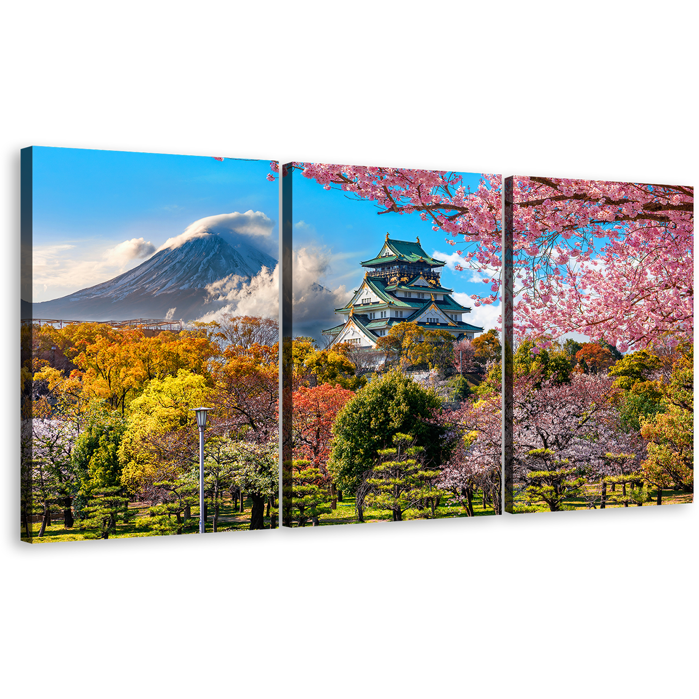 Osaka Landscape Canvas Wall Art, Japan Colorful Cherry Blossom Trees 3 Piece Canvas Print, Fuji Mountain Background Triptych Canvas Set