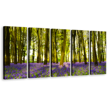 Load image into Gallery viewer, Oxfordshire Forest Canvas Wall Art, Sunbeams Through Purple Green Forest 5 Piece Canvas Print, Blooming Bluebells in Deep Woodlands Multi Canvas
