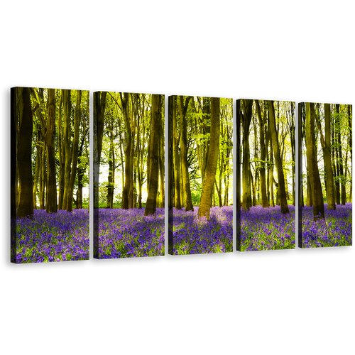 Oxfordshire Forest Canvas Wall Art, Sunbeams Through Purple Green Forest 5 Piece Canvas Print, Blooming Bluebells in Deep Woodlands Multi Canvas